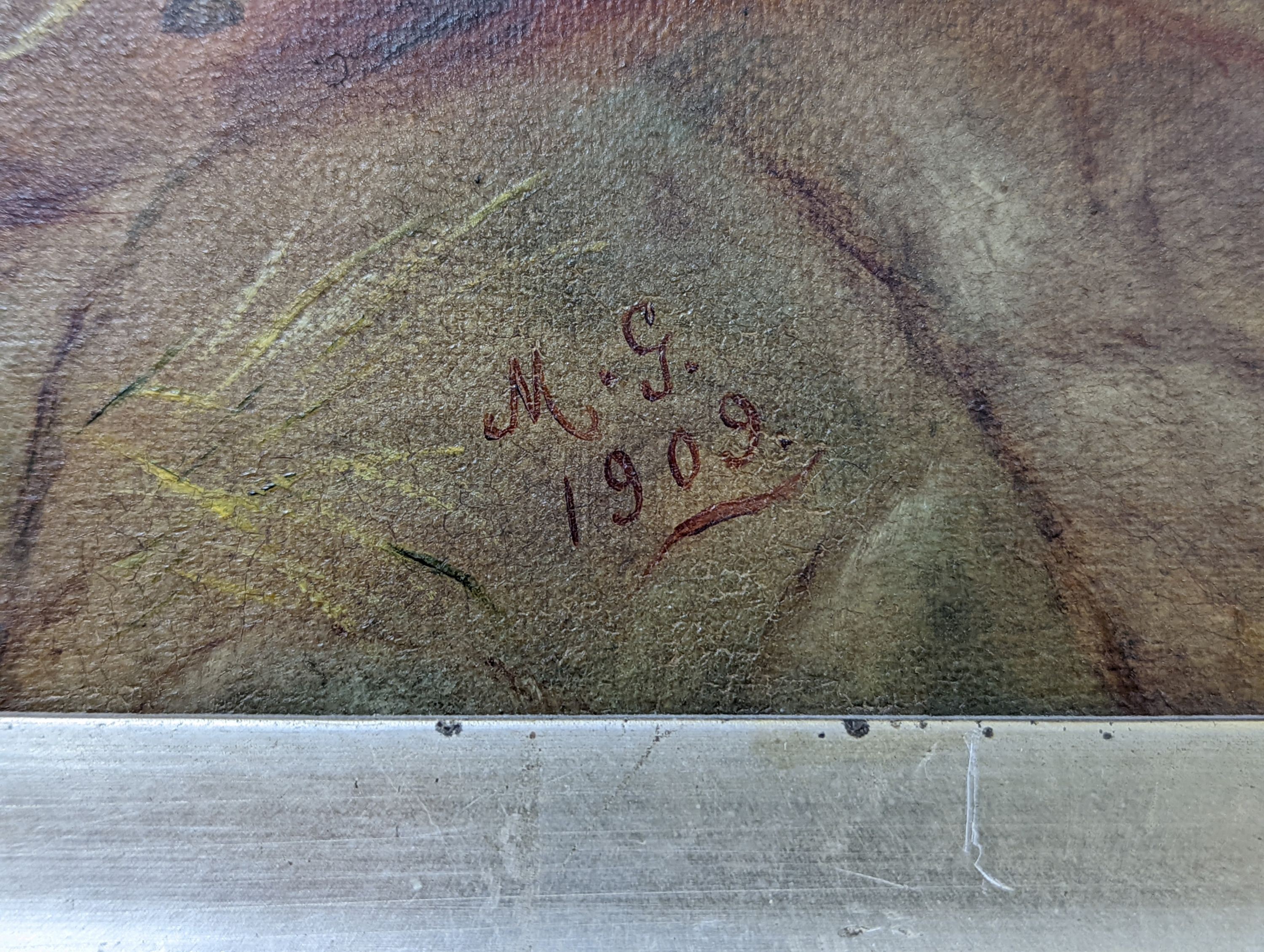MG, 1909, oil on canvas, Cows and chickens in a stable, signed and dated, 24 x 34cm